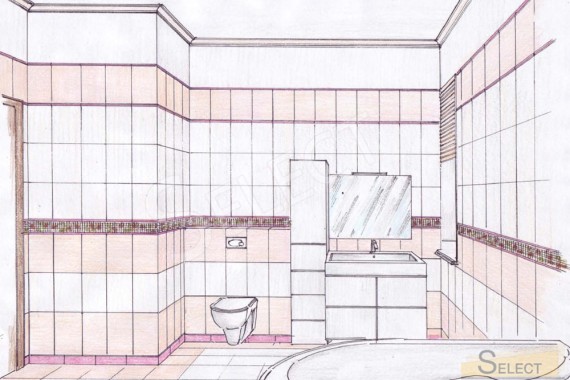 Design drawing hand rendering of a children's bathroom in a country cottage
