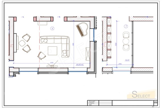 Layout of Italian furniture in a bright living room on the first floor