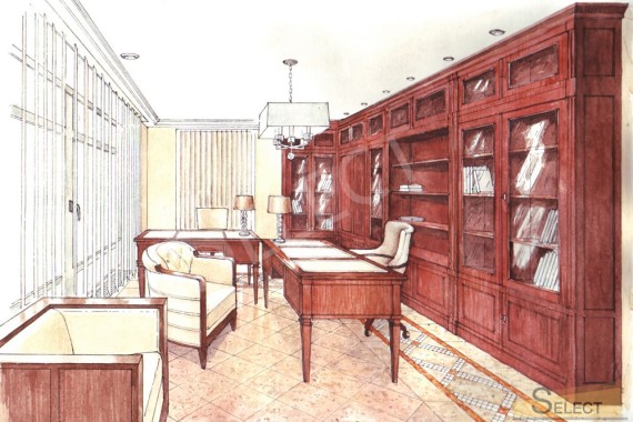 Manual rendering. cabinet design in a country house