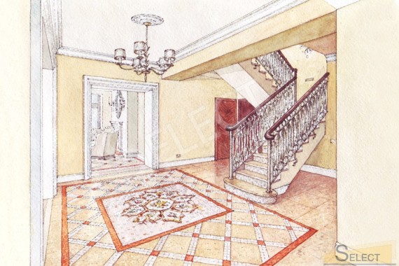 Design hand rendering Staircase hall with mosaic panels