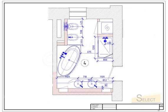 Installation plan for trouble and a bath in a combined bathroom of an apartment in a multi-storey building
