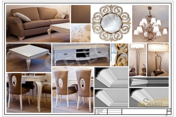 Photo of a complete set of interior items and decor for the living room - dining room in the white tons of Moscow region