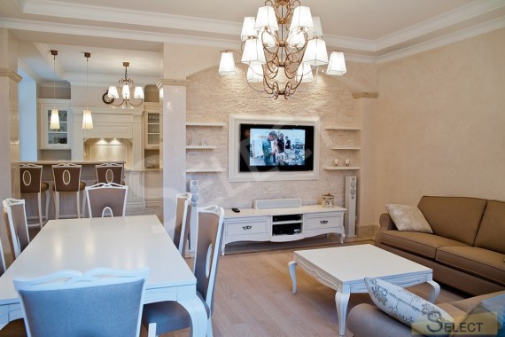 Photo of the living room - dining room in the white tons of Moscow region