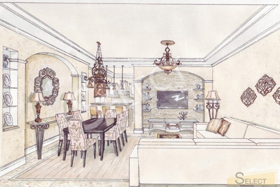 Photo of the design in the living room - dining room in the Moscow region