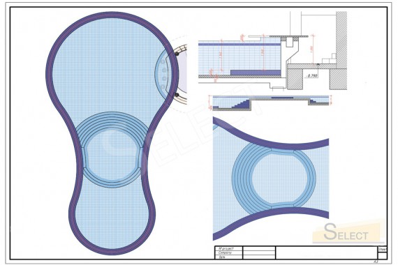 Pool plan with reference to materials and pattern of laying mosaics and ceramic tiles Bisazza, Appiani, Baldocer