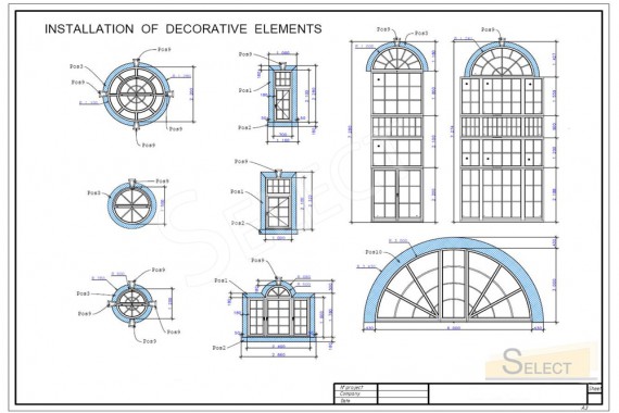Installation drawing of decorative elements of the roof of the villa under the city. Glass decorations and windows