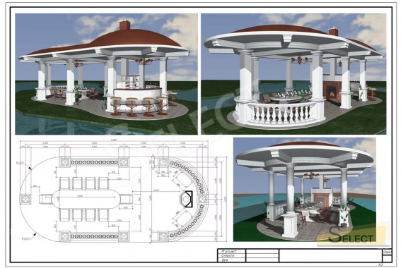 3D rendering of the gazebo on the island. gazebo to the island through an artificial reservoir