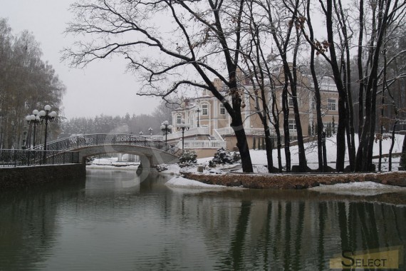 Photo of a winter view of an artificial reservoir in front of the villa. Winter view of the island with a gazebo