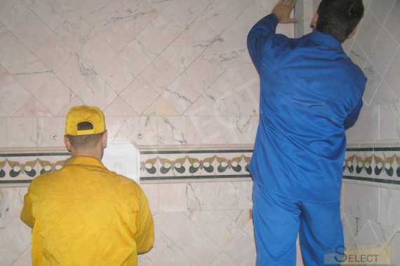 Photo. Construction work in the bathroom in natural marble