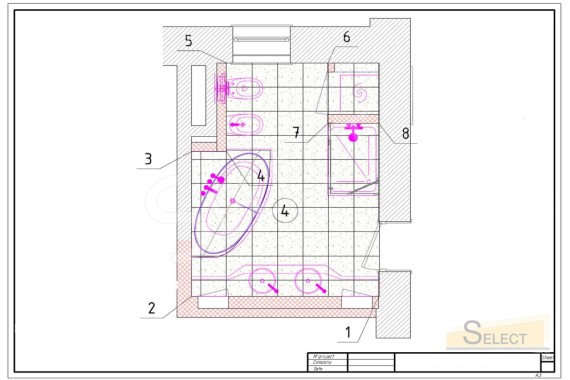 Layout of floor tiles for a bathroom in an apartment of a multi-storey building